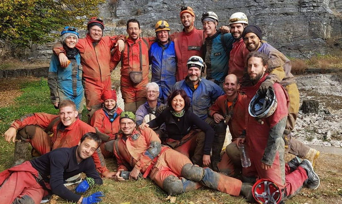 Cavers in a cave in Bulgaria, 2018 expedition
